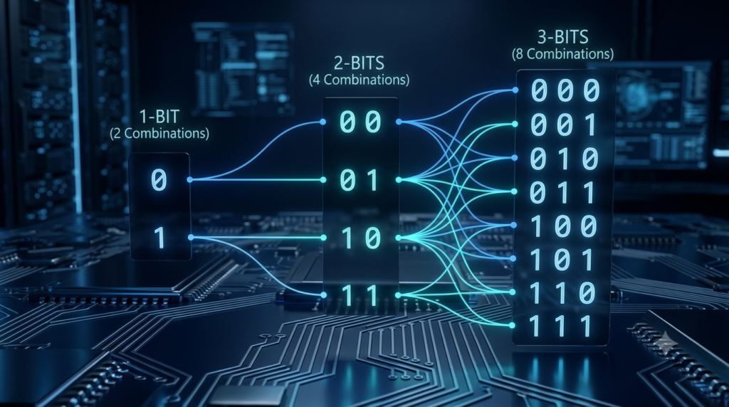 3D illustration showing binary combinations doubling from one bit to two bits and three bits.