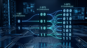 3D illustration showing binary combinations doubling from one bit to two bits and three bits.