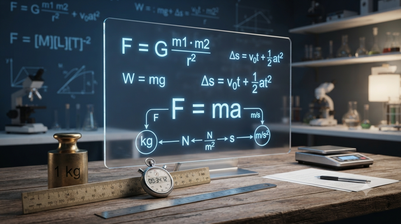 Realistic 3D illustration showing consistent units and unit conversion in physics formulas