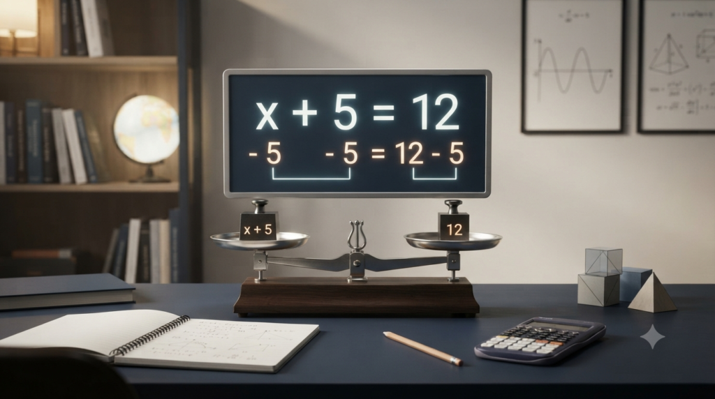 Realistic 3D illustration showing the same operation performed on both sides of a balanced equation