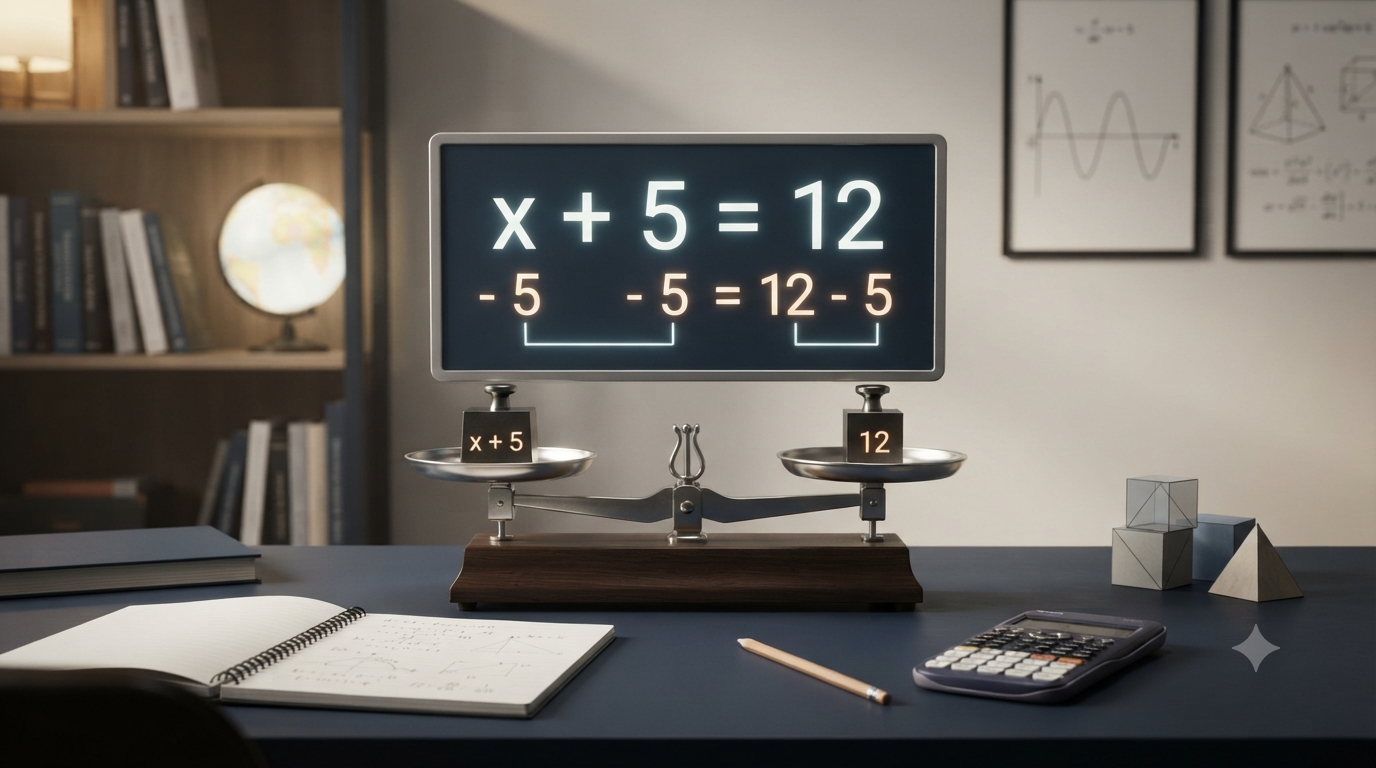 Realistic 3D illustration showing the same operation performed on both sides of a balanced equation