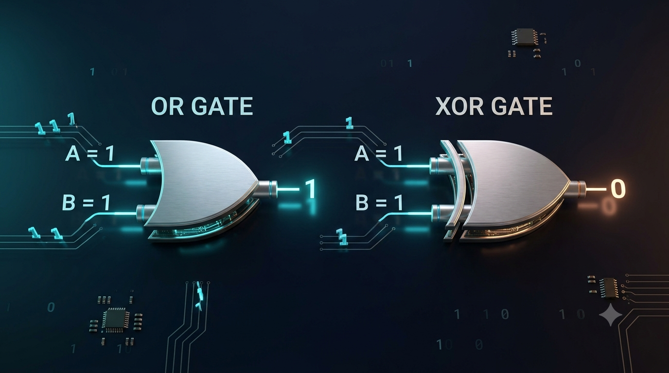 3D illustration comparing XOR and OR logic gates with both binary inputs set to 1 and different outputs.